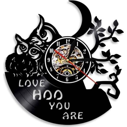 Love Hoo You Are Owl Quote Vinyl Record Wall Clock Night Owls Cartoon Design Silent Quartz Wall Clock Watch For Nursery Bedroom