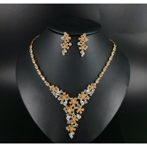 2020 new fashion champage little flower zircon golden necklace earrings,wedding bride dinner party dress jewelry free shipping