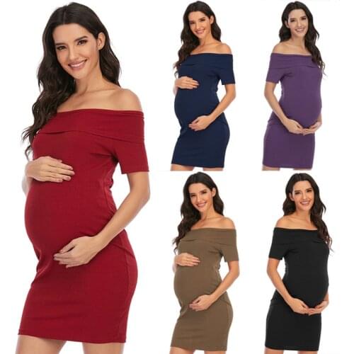 New maternity Dress Solid Color One-Shoulder Short-Sleeved Dress Maternity Dress