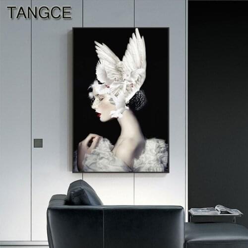 Charming Girl Pigeon on Head Canvas Painting Meditation Beauty Posters Print Modern Wall Picture for Living Room Decoration Home