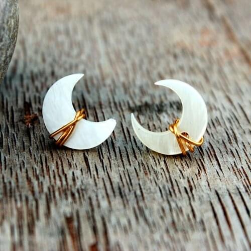 Wire Wrapped Crescent Moon Earrings | Half Moon Studs | Minimalist | Celestial Jewelry | Moonbeam Quartz Posts Earrings #KL30DI4