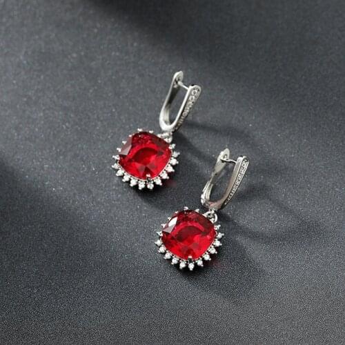 Luxury Women Earrings 925 Silver Fine Jewelry Accessories Ruby Emerald Gemstone Wedding Party Gift Square Flower Drop Earrings