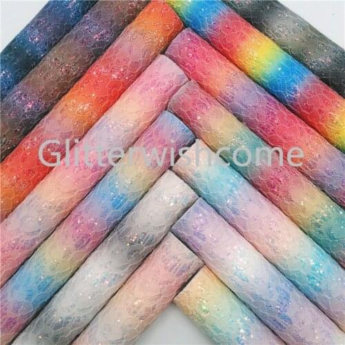 Glitterwishcome 21X29CM A4 Size Raibow Lace Glitter Fabric, Synthetic Leather Fabric Sheets, Iridescent Leather for Bows, GM490A