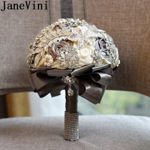 JaneVini Bling Bling Crystal Wedding Bouquet Gray Leaf Jewelry Decoration Beaded Pearl Rhinestone Bridal Bouquet Holding Flowers