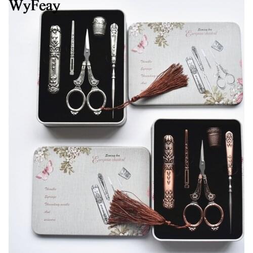 1 Set Retro Vintage Scissor+Needle Case+Awl+Threader+Thimble+Iron Box Cross Stitch Embroidery Scissors Sewing Tailor Scissors