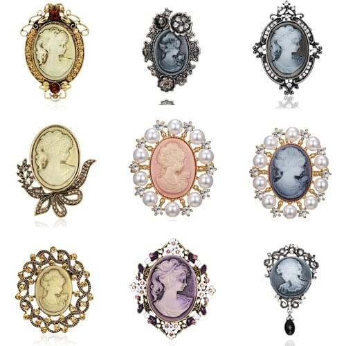 Vintage Crystal Geometric Beauty Head Cameo Brooches For Women Charm Wedding Party Coat Suit Shirt Scarf Lapel Pins Clip Jewelry