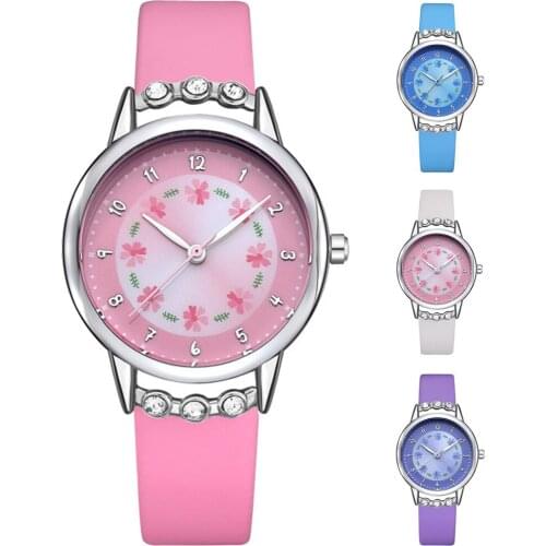 Women Rhinestone Faux Leather Strap Round Flower Dial Arabic Number Quartz Watch