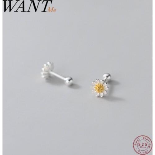 WANTME Lovely Sweet Real 925 Sterling Silver Small Daisy Romantic Beads Stud Earrings for Women Girls Chic Charming Jewelry Gift