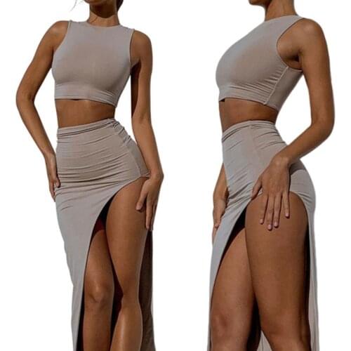 Women Sexy Two-piece Clothes Set, Solid Color Round Collar Vest and High Waist Split Long Slit Skirt