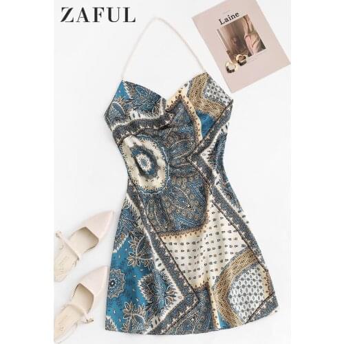 ZAFUL Bohemia Faux Pearl Halter Cowl Front Dress Sexy Print Backless Sleeveless Women Mini Dresses Summer Girl Party Night Beach