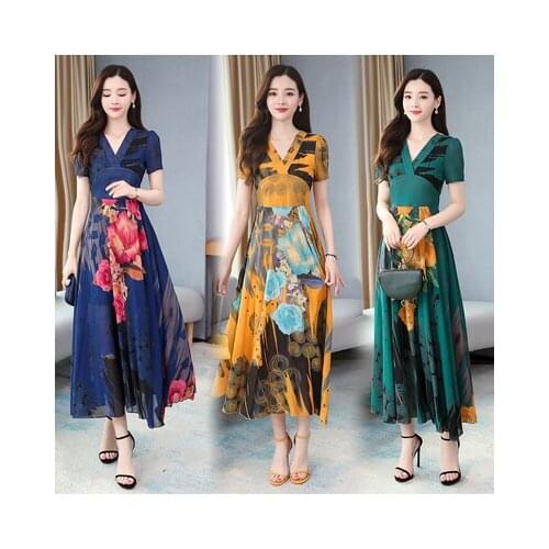 Summer Chiffon Floral Print Short Sleeve V-nneck Ankle-length A-line Yellow Blue Green Big Swing Temperament Cocktail Dress 9358