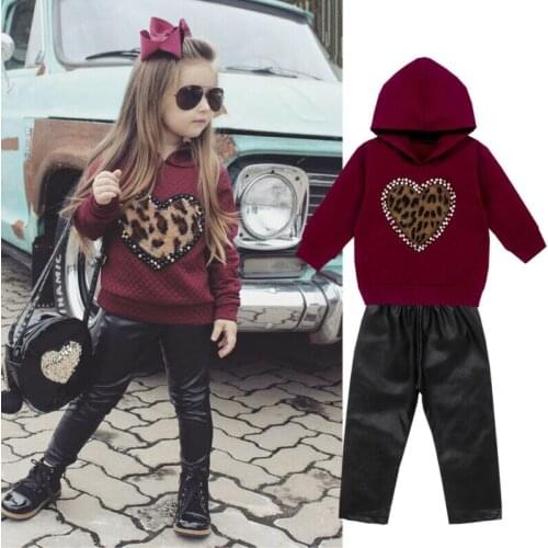 Baby Girls Hooded Long Sleeve Love Heart Tops+Leather Pants 2Pcs Outfits Set 0-5 2020 New Fashion Children Clothes For Girls