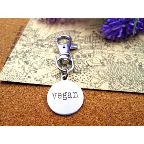3pcs/lot high quality keychain with 20mm stainless steel circle round "vegan" charms keychain