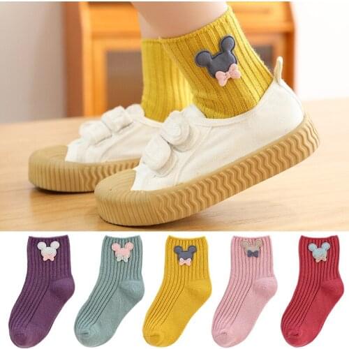 5 Pairs/Lot Children Cotton Socks Boy Girl Baby Infant Fashion Breathable Disney Mickey Ear Solid Socks For Spring 1-12Y Kids