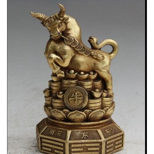 8" Chinese Brass Folk Wealth Feng Shui Zodiac Year Bull Oxen Statue sculpture