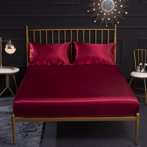 Satin Silk Fitted Sheet Solid Soft Bed Sheets With Pillowcase 3PCS Elastic Band Drap Housse de Matela Twin Queen King Size Red