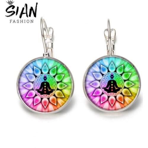 SIAN Buddha Rainbow 7 Chakra Hook Earring Lotus Mandala Flower of Life Glass Round Gem Bronze Silver Color Spirit Yoga Earrings