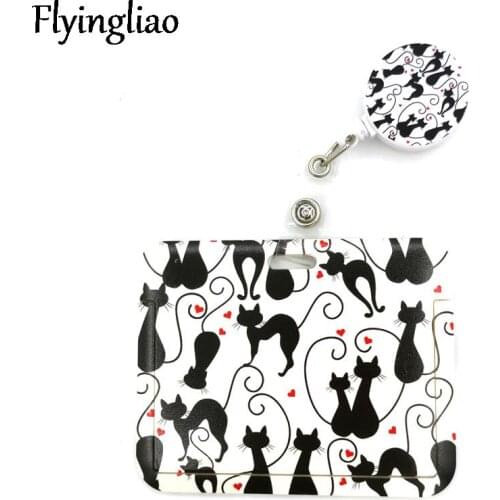 Black Cats Paws Cute Card Cover Clip Lanyard Retractable Student Nurse Badge Reel Clip Cartoon ID Card Badge Holder accessories