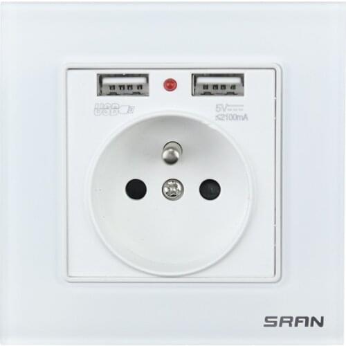 Eu Standard Wall Plug With Double USB Mobile Phone Charging German Tempered Glass Socket Type 86 13A