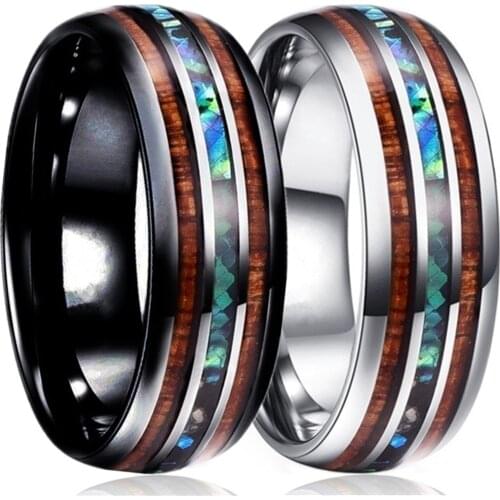 FDLK New Fashion Couple 8mm Tungsten Carbide Steel Ring Hawaiian Koa Wood Abalone Shell Ring Men Women Wedding Band