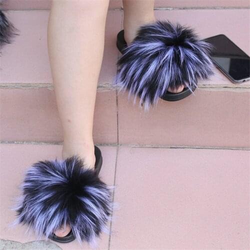 Hot sale Winter Women Home Slippers with Faux Fur Fashion Warm Shoes Woman Slip on Flats Female Slides Black Pink Plus Size33-45