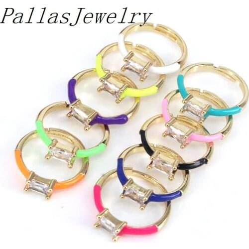 10Pcs Simple rainbow color ring enamel ring cz micro pave ring Gold Color women jewelry
