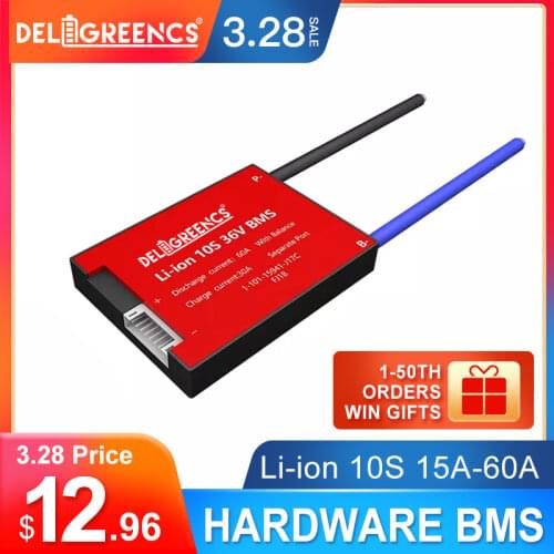 Deligreen 3.7V BMS 10S 36V for lithium Li-ion battery pack 18650 15A 20A 30A 40A 50A 60A bms for ebike with balance