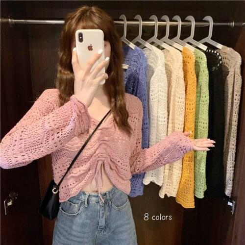 Bare Midriff Fashion Girl Summer Knitted Pullovers Slim Short Cardigan Women Clothing Cropped Tops Short Sleeve V-neck