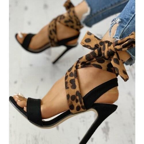 For New 2020 summer fashion leopard print lace up all-match super high heel sandals stiletto heels