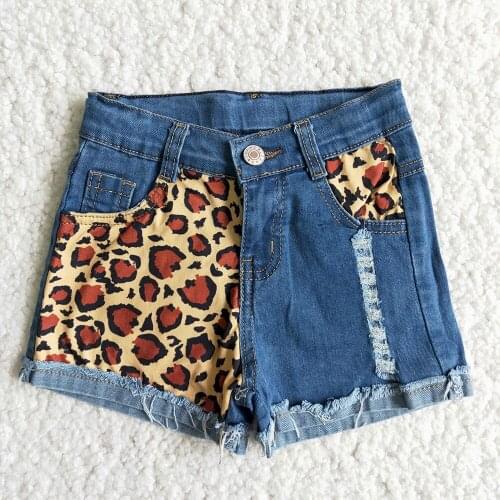 Semmer New Arrival Fashion Girls Denim Shorts With Leopard Stitching Toddler Kids Washed Frayed Jeans