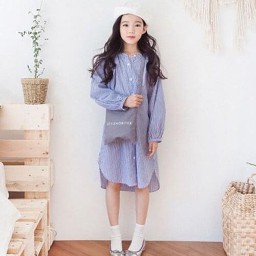 6-16 Years Girls Blue Striped Cotton Summer Dress Teenage Children Clothes Little Big Kids Casual Long Sleeve Dresses For Girls