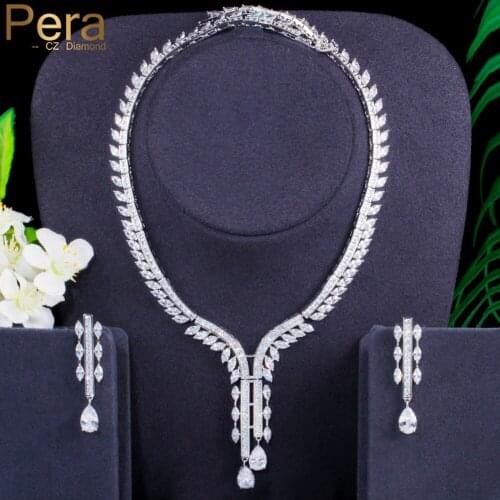 Pera Brand Design Shiny Cubic Zirconia Long Dangle Waterdrop Pendant Necklace Sets for Women Wedding Jewelry Accessories J423