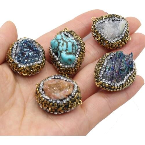 Natural Stone Black Rhinestone Inlaid Amethyst Quartz Agate Pendant Connect DIY Necklace Earring Jewelry Accessories Gift Making