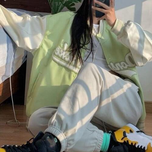 Casual Letter Green Baseball Jackets 2021 Spring Autumn New Loose Korean American Streetwear Top Student Oversized Jacket