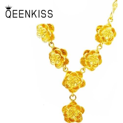 QEENKISS NC5147 Fine Jewelry Wholesale Fashion Woman Girl Bride Birthday Wedding Gift Rose Flower 24KT Gold Pendant Necklace