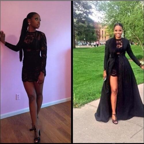 Sexy Two Piece See Through Black Lace Prom Dresses 2019 Long Sleeve Detachable Coat Floor Length Evening gown Pageant prom dress