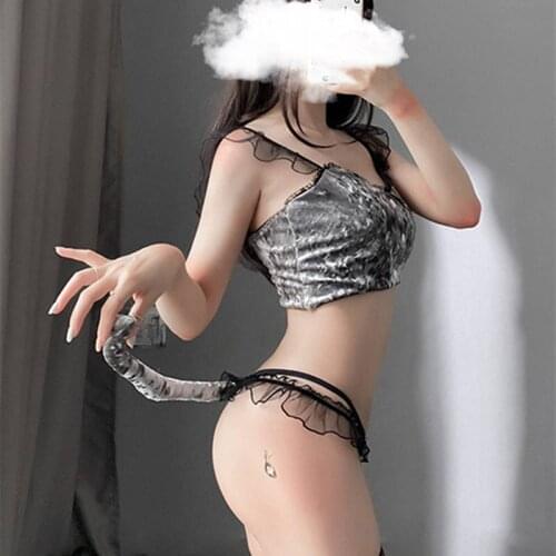 Sexy Lingerie Uniform Temptation Chiffon Sling Stitching Gold Velvet Buttons Embellished With Ruffled Edges Hollow Cat Girl