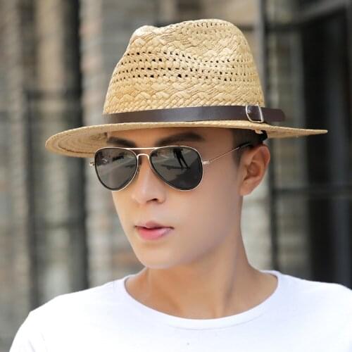 Summer Autumn Spring Fashion Womens Mens Sun Beach Straw Raffia Fedora Panama Hat Wide Brim Gentleman Cap Hollow Out 56-58Cm
