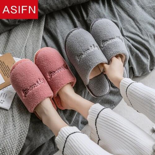 ASIFN Winter Slippers House Cotton Women Men Home Plush Bedroom Non-slip Ladies Fur Women Shoes Fur Slides Zapatillas De Mujer