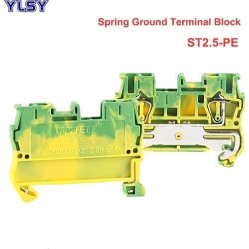 2Pcs Spring Ground Terminal Blocks ST4-PE Bornier Din Rail Yellow Green Earthing Terminals Block Wire Cable Connector 4mm2