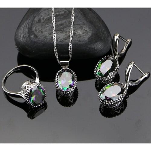 Bride 925 Sterling Silver Jewelry Mystic Rainbow Fire Cubic Zirconia Jewelry Sets For Women Earrings/Pendant/Necklace/Ring Gift