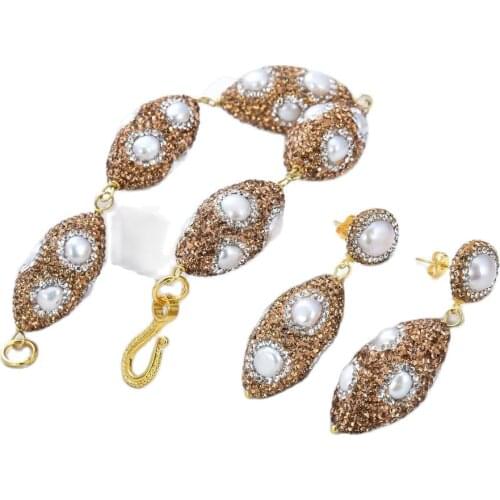 GG Jewelry Cultured White Keshi Pearl Yellow CZ Plated Oval Nugget Beads Bracelet Earrings Sets Lady Women Gift Jewelry