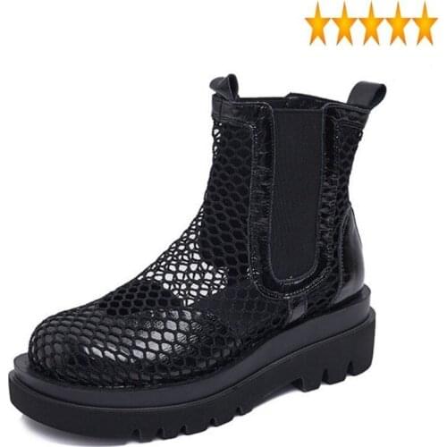 Women Fashion Hollow Out 2021 Summer Slip On Biker Platform Boots Street Mesh Breathable Ankle Shoes Black Bota Feminina
