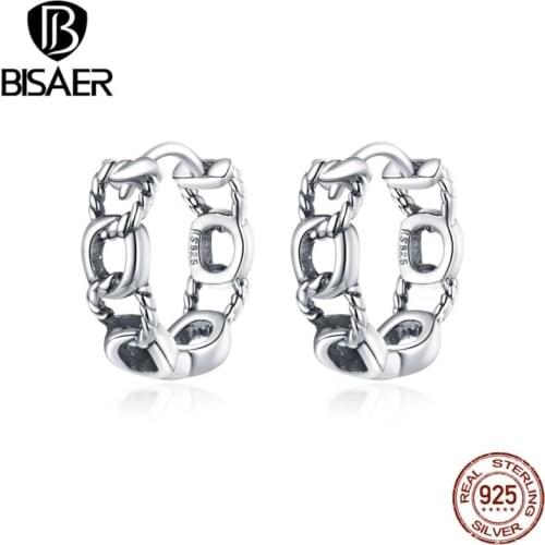 BISAER Simple Circle Earrings Real 925 Sterling Silver Chain Shape Earrings For Women Wedding Jewelry Gift ECE960