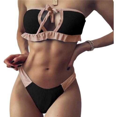 Women Patchwork Bikini Set Strapless Hollowed Lace-Up Tops With Triangle Bottoms Swimsuits For Women Mid Waist Bikini 2021