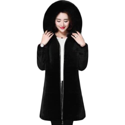 Hooded large fur collar faux fur coat female long winter thick plush coat women imitation water mink black pulse size M-5xl d76
