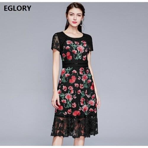 XXXXL Dress Vestidos De Festa 2020 Spring Summer Party Events Women O-Neck Allover Tulle Mesh Embroidery Short Sleeve Midi Dress