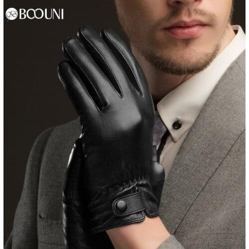 BOOUNI Genuine Leather Gloves Fashion Men Sheepskin Gloves Winter Plus Velvet Wrist Buckle Leather Driving Glove NEW NM638
