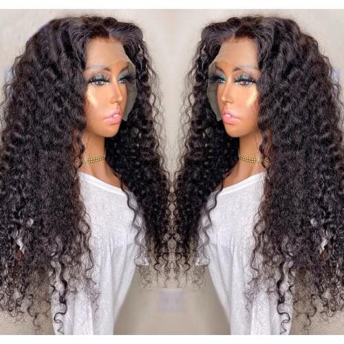 Deep Wave black Curly 13x4 Lace Front Wig For Women Human Remy Babyhair Preplucked Brazilian Can Dye 18% Density 26Inch Glueless