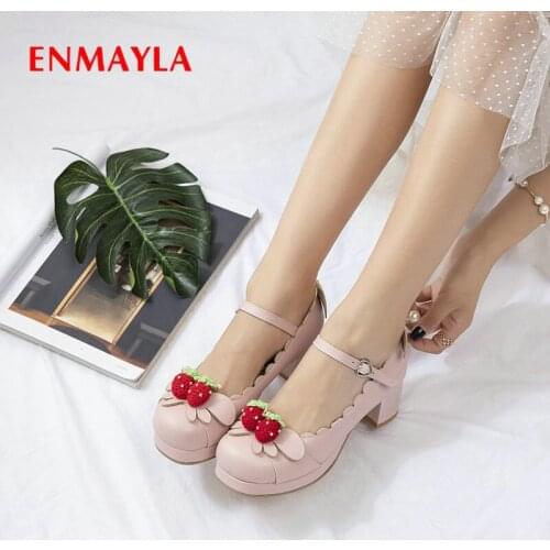ENMAYLA 2020 Luxury Shoes Women Designers Buckle Strap Round Toe Square Heel Womens Shoes PU Casual Flower Sweet High Heels